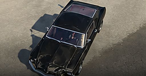 Concept art: top view of a black car with a crumpled hood after a frontal collision